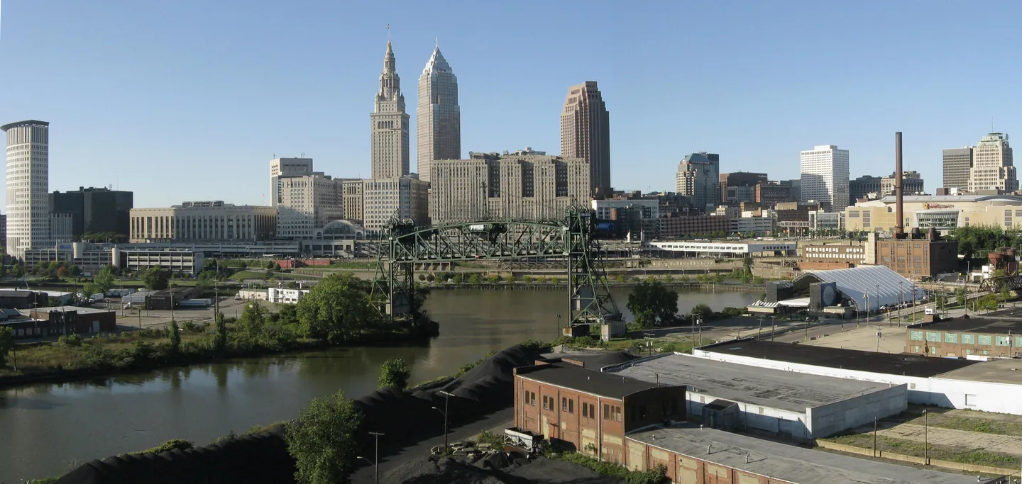 Cleveland’s downtown skyline and Cuyahoga River, viewed from the Lorain-Carnegie Bridge